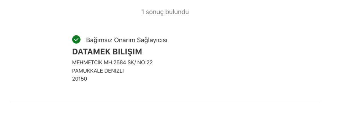 Apple'ın onarım sağlayıcı doğrulama sayfası: DATAMEK BILIŞIM, Apple Independent Repair Provider, Mehmetçik Mah. 2584 Sk. No:22, Pamukkale Denizli.